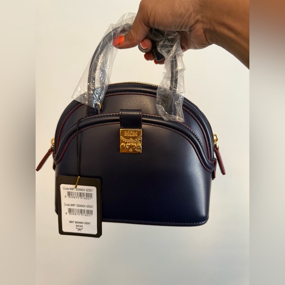 MCM Handbags - MCM Navy Blue Crossbody Dome Satchel with Gold Hardware